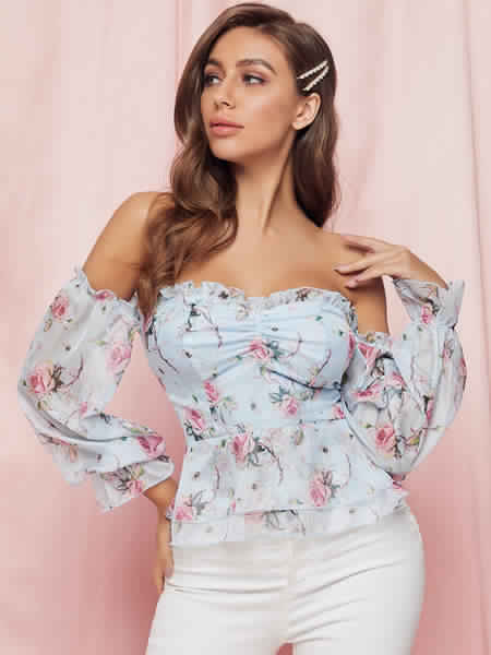 Bohemian Blouse Polyester Bateau Neck Open Shoulder Floral Print Long Sleeves Tops Mssza