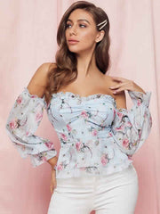 Bohemian Blouse Polyester Bateau Neck Open Shoulder Floral Print Long Sleeves Tops Mssza