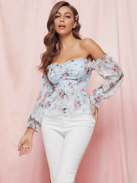 Bohemian Blouse Polyester Bateau Neck Open Shoulder Floral Print Long Sleeves Tops Mssza