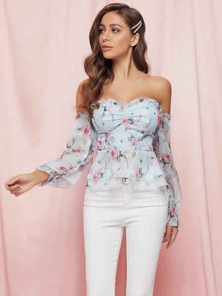 Bohemian Blouse Polyester Bateau Neck Open Shoulder Floral Print Long Sleeves Tops Mssza