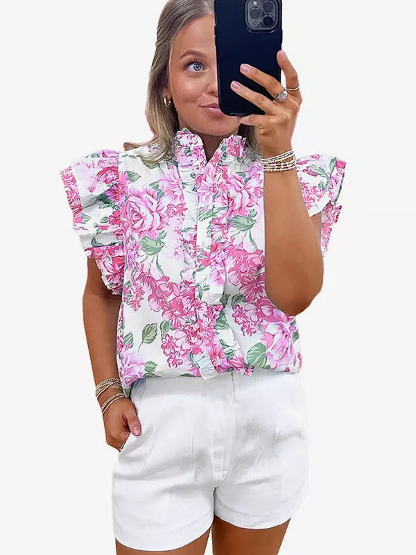 Bohemian Floral Stand Collar Flutter Sleeve Print Ruffled Sleeves Blouse Mssza