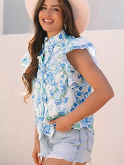 Bohemian Floral Stand Collar Flutter Sleeve Print Ruffled Sleeves Blouse Mssza