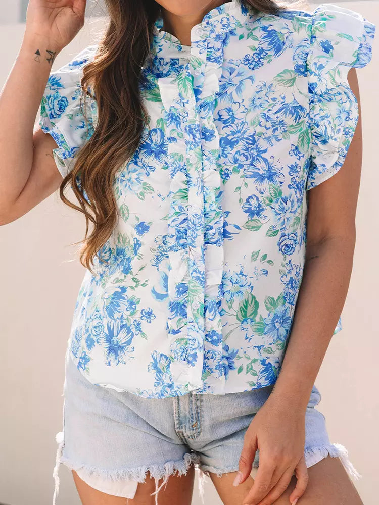 Bohemian Floral Stand Collar Flutter Sleeve Print Ruffled Sleeves Blouse Mssza