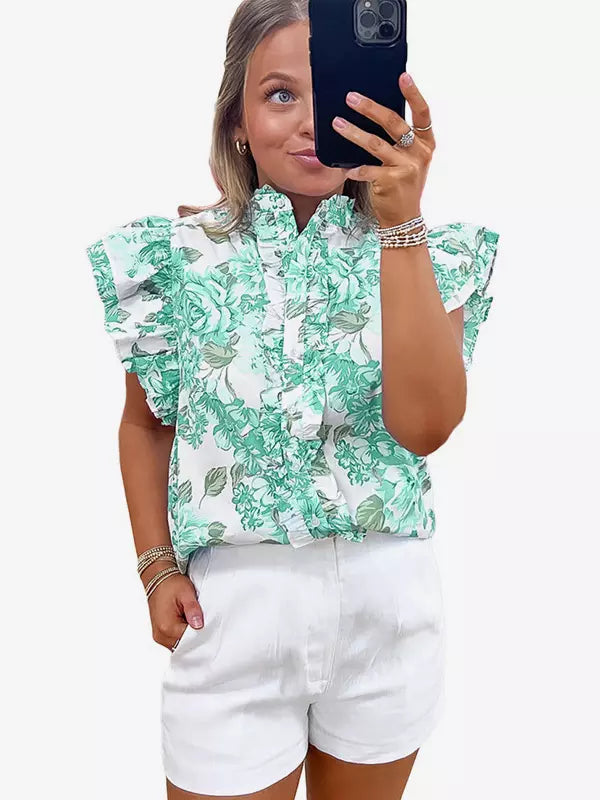 Bohemian Floral Stand Collar Flutter Sleeve Print Ruffled Sleeves Blouse Mssza