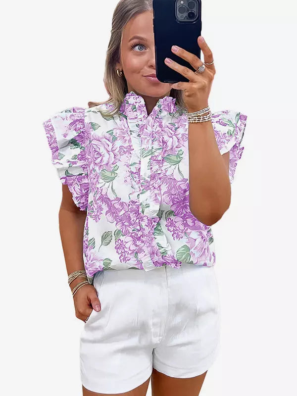 Bohemian Floral Stand Collar Flutter Sleeve Print Ruffled Sleeves Blouse Mssza
