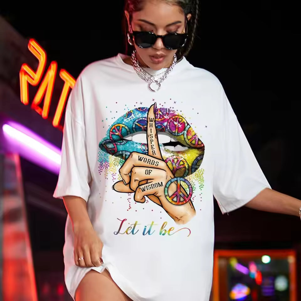 Bohemian Geometric Letter Print Pattern Short Sleeved T-shirt Mssza