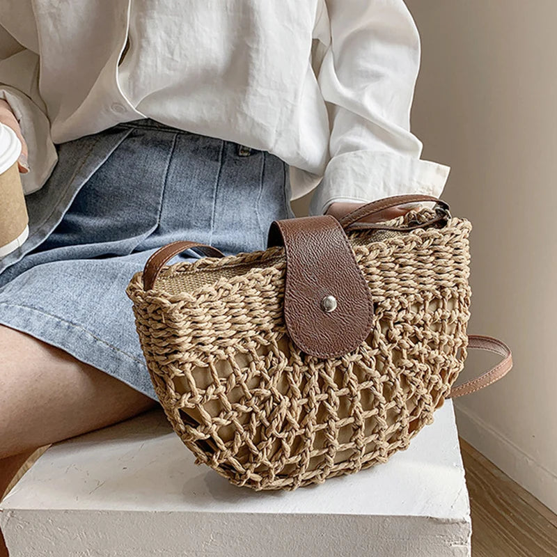 Bohemian Half Moon Shape Hollow Out Straw Rattan Handmade Messenger Travel Beach Crossbody Bags Mssza
