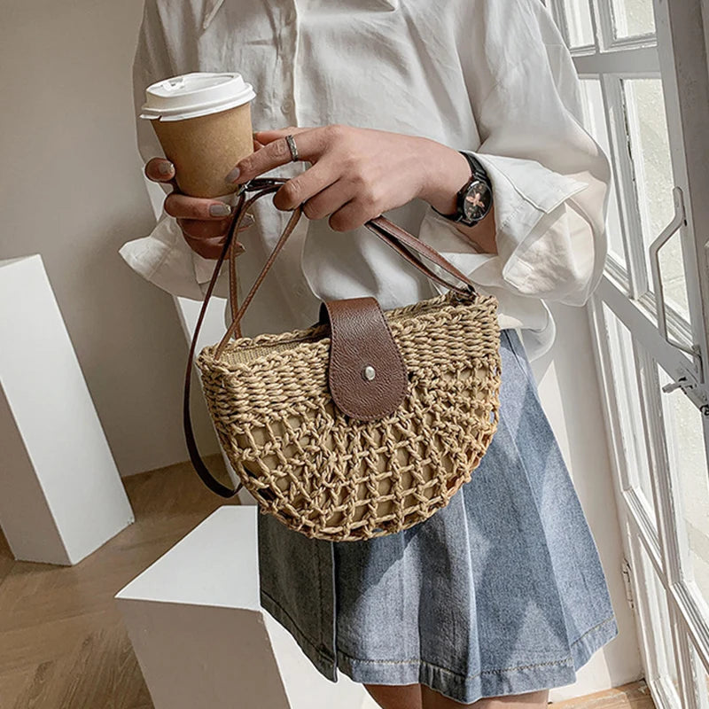 Bohemian Half Moon Shape Hollow Out Straw Rattan Handmade Messenger Travel Beach Crossbody Bags Mssza