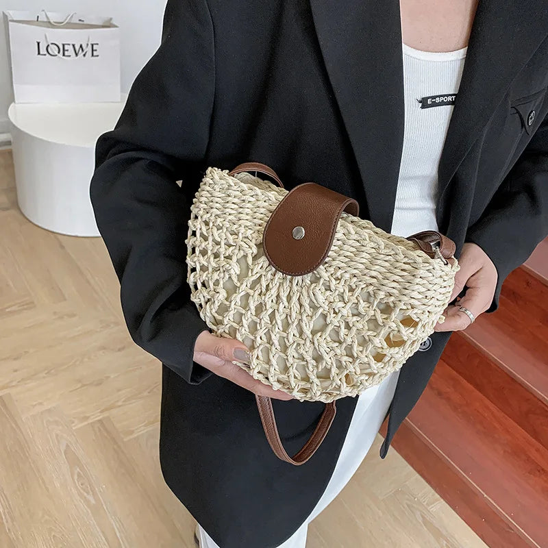 Bohemian Half Moon Shape Hollow Out Straw Rattan Handmade Messenger Travel Beach Crossbody Bags Mssza