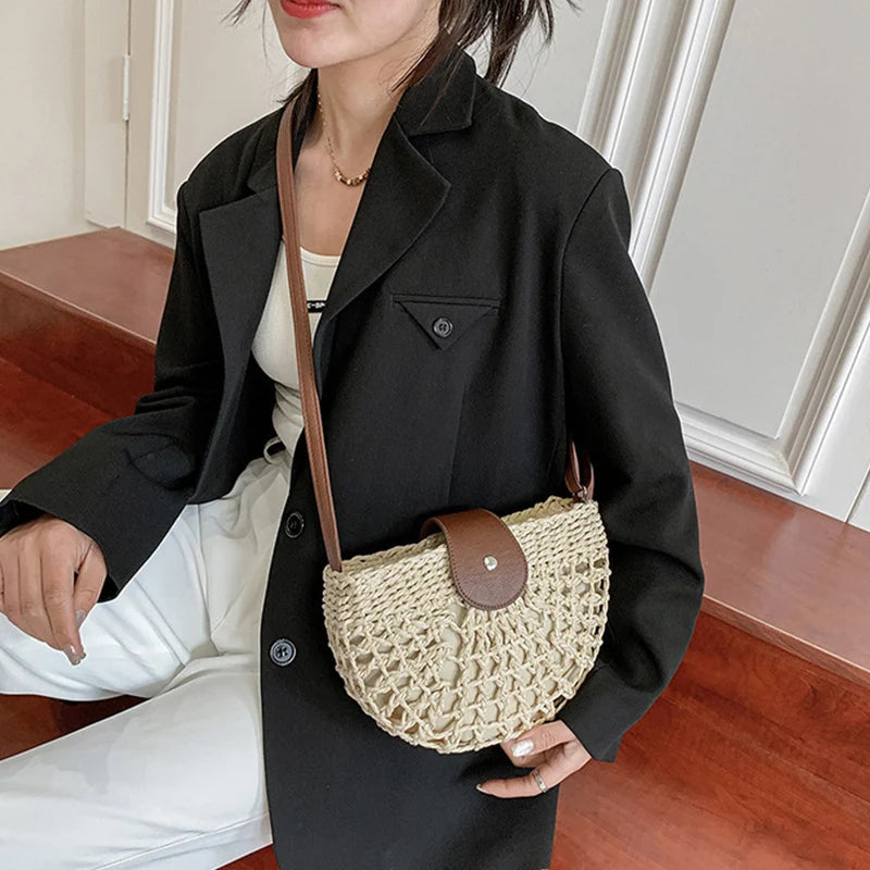 Bohemian Half Moon Shape Hollow Out Straw Rattan Handmade Messenger Travel Beach Crossbody Bags Mssza