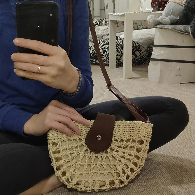 Bohemian Half Moon Shape Hollow Out Straw Rattan Handmade Messenger Travel Beach Crossbody Bags Mssza