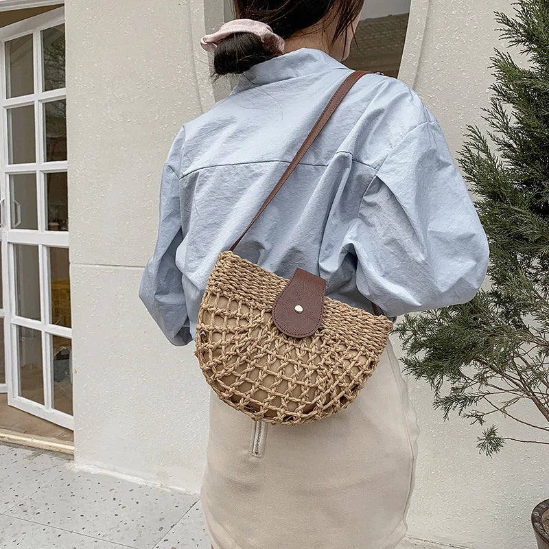 Bohemian Half Moon Shape Hollow Out Straw Rattan Handmade Messenger Travel Beach Crossbody Bags Mssza