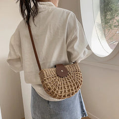 Bohemian Half Moon Shape Hollow Out Straw Rattan Handmade Messenger Travel Beach Crossbody Bags Mssza