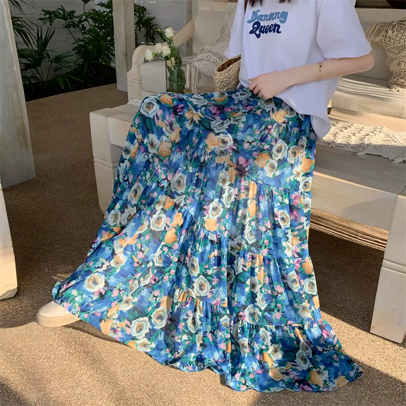 Bohemian High Elastic Waist Printed Chiffon Floral Maxi Skirts Mssza