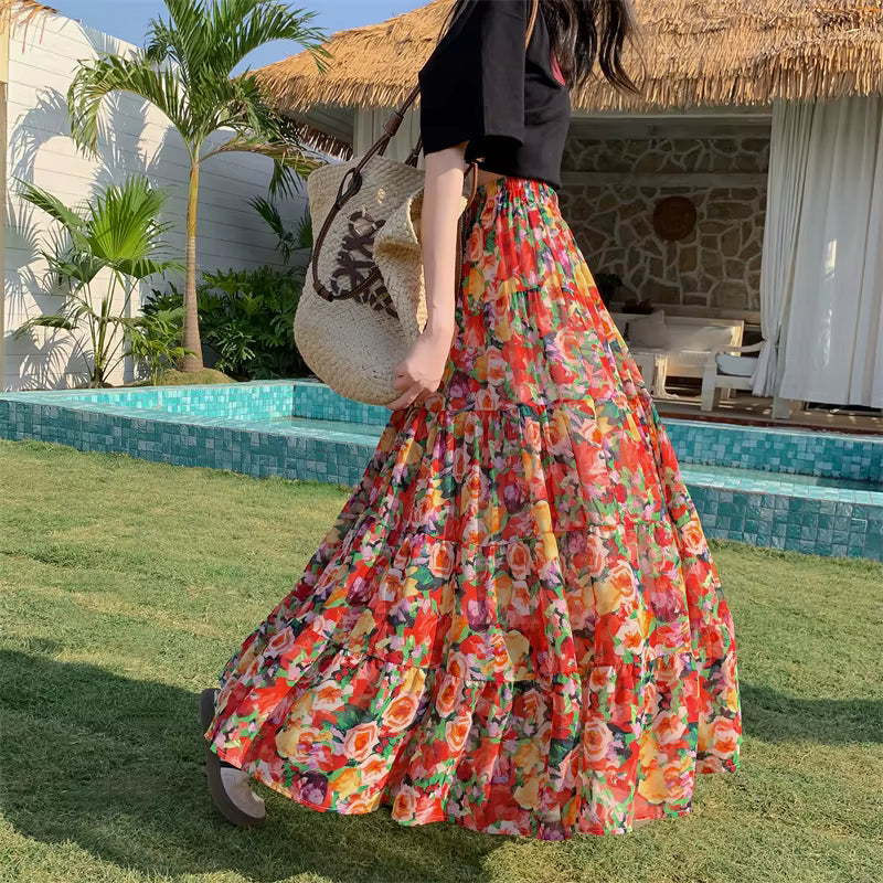 Bohemian High Elastic Waist Printed Chiffon Floral Maxi Skirts Mssza