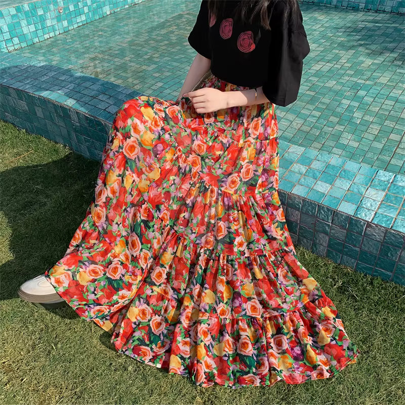 Bohemian High Elastic Waist Printed Chiffon Floral Maxi Skirts Mssza