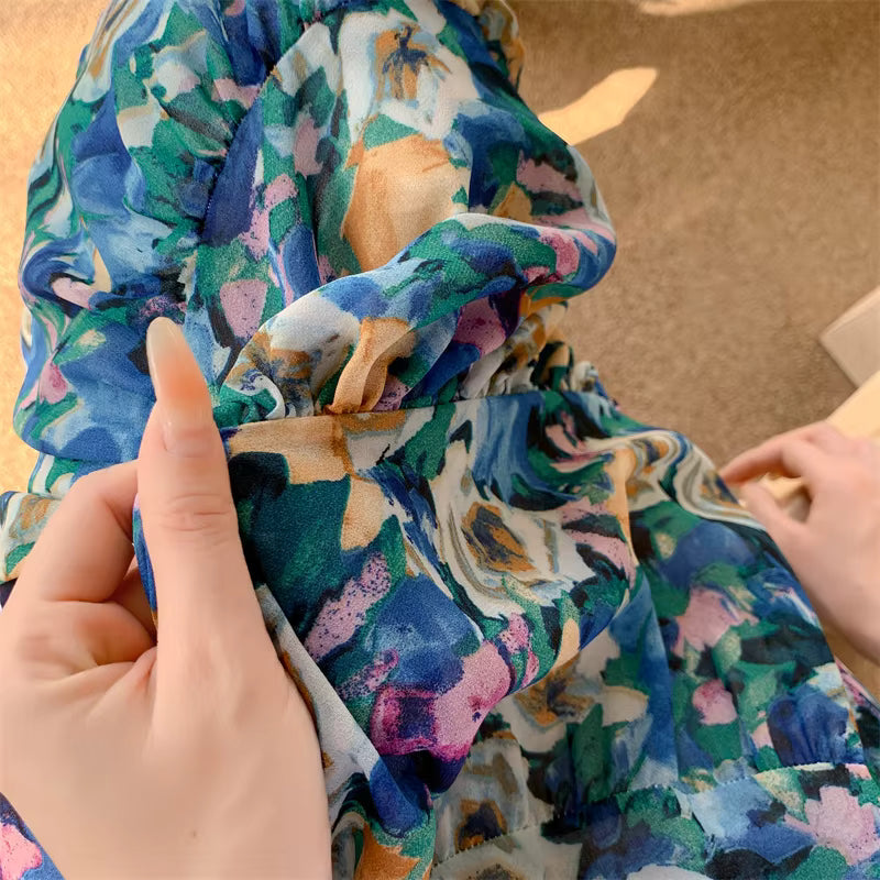 Bohemian High Elastic Waist Printed Chiffon Floral Maxi Skirts Mssza