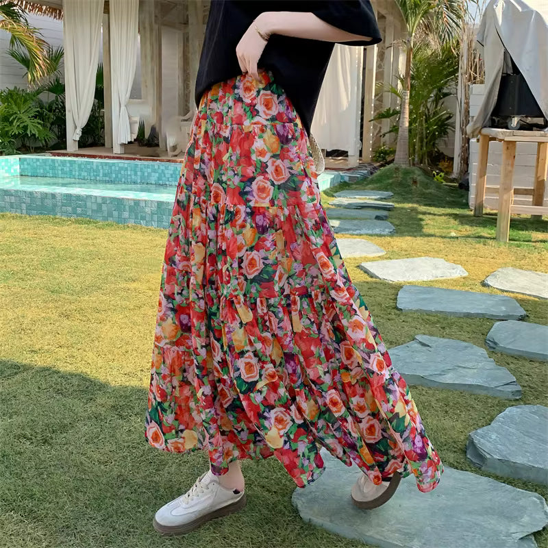 Bohemian High Elastic Waist Printed Chiffon Floral Maxi Skirts Mssza