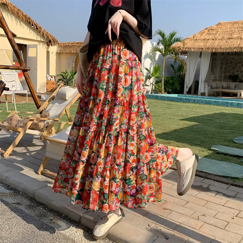 Bohemian High Elastic Waist Printed Chiffon Floral Maxi Skirts Mssza