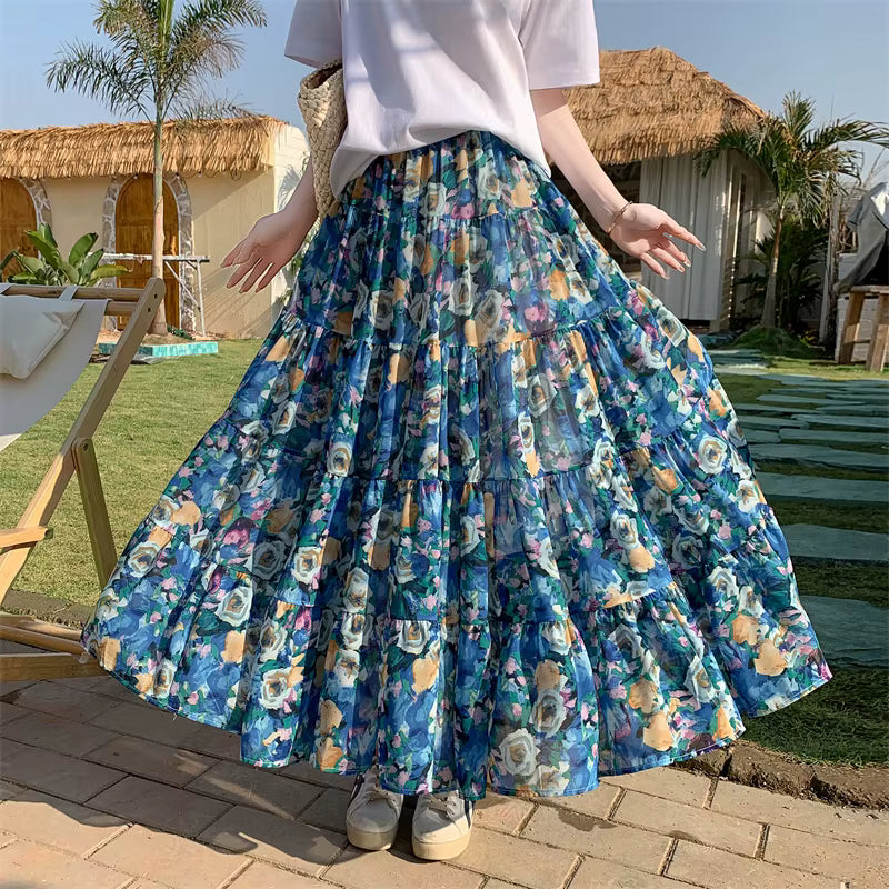 Bohemian High Elastic Waist Printed Chiffon Floral Maxi Skirts Mssza