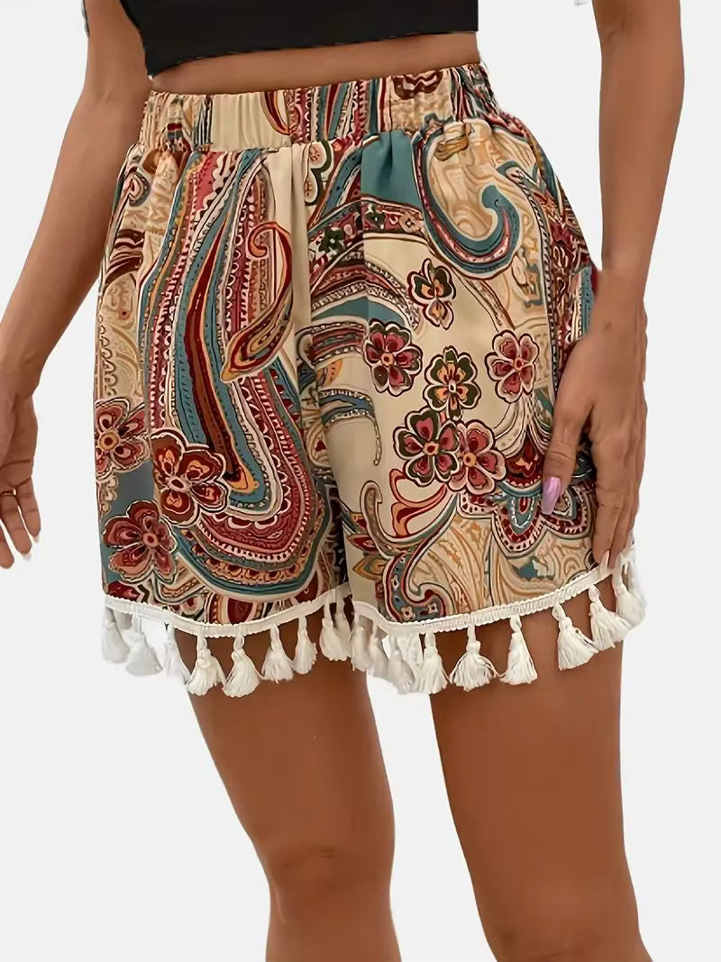 Bohemian Indie Folk Printed Fringe Hem Loose Shorts Mssza