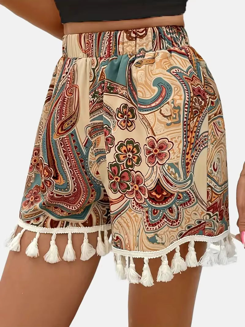 Bohemian Indie Folk Printed Fringe Hem Loose Shorts Mssza
