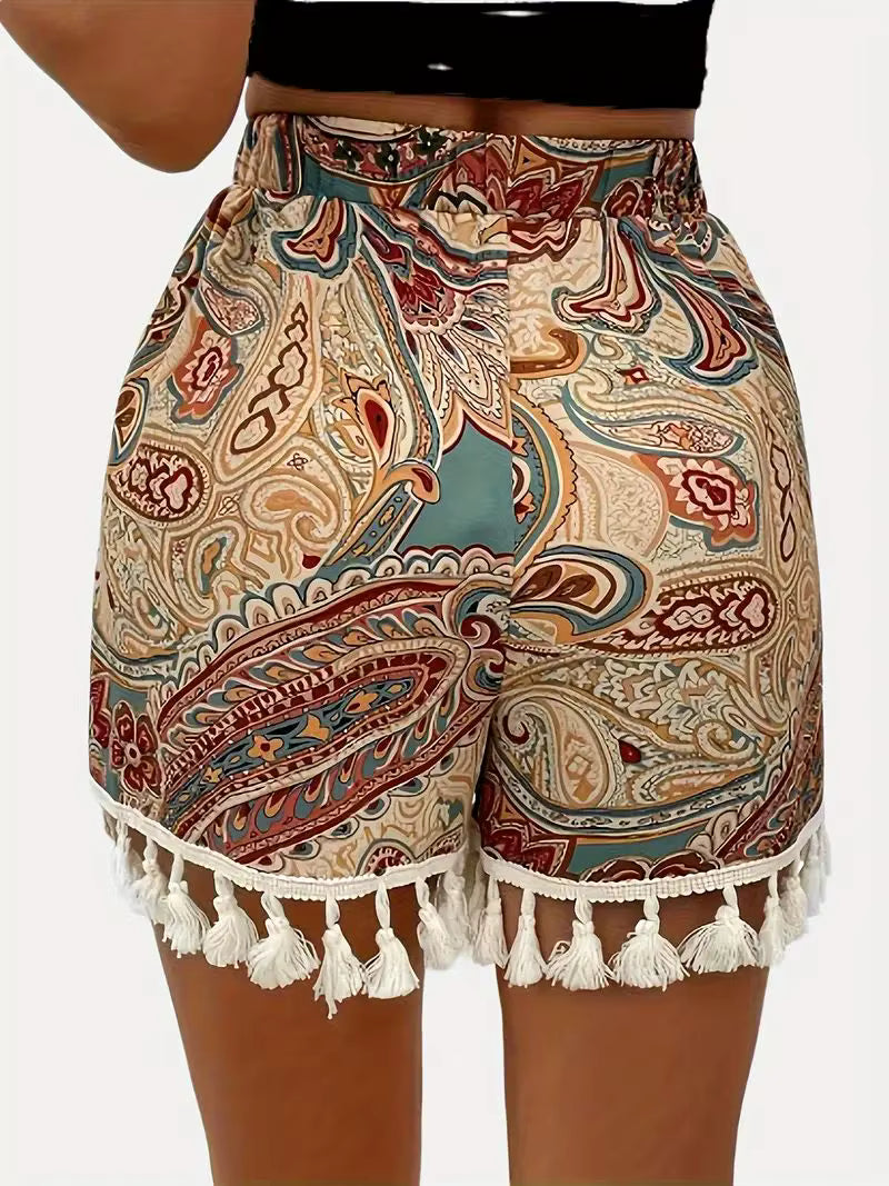 Bohemian Indie Folk Printed Fringe Hem Loose Shorts Mssza