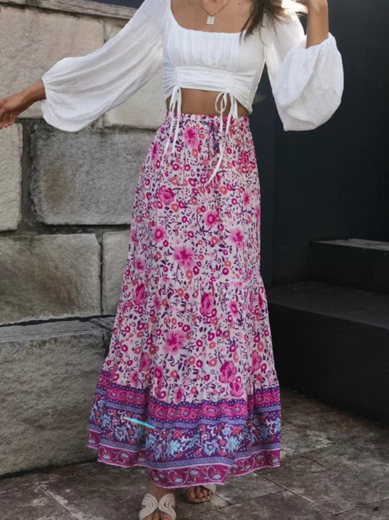 Bohemian Pleated Elastic Waist A-Line Rayon Floral Print Beach Style Maxi Skirt Mssza