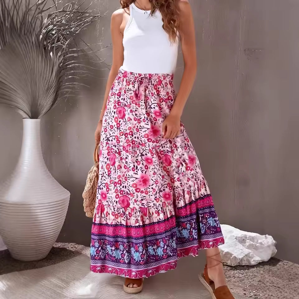 Bohemian Pleated Elastic Waist A-Line Rayon Floral Print Beach Style Maxi Skirt Mssza