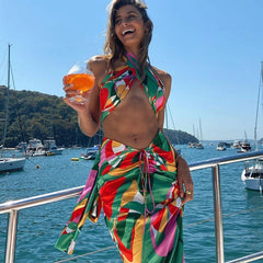Bohemian Printed Criss-Cross Crop Top Drawstring Midi Skirt 2 Piece Set Mssza