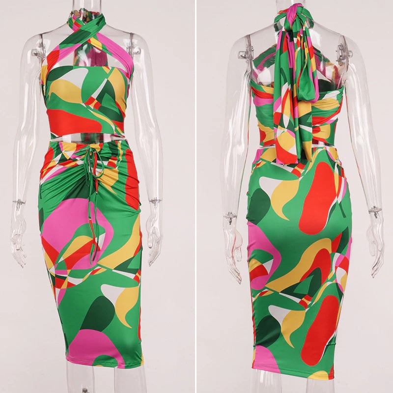 Bohemian Printed Criss-Cross Crop Top Drawstring Midi Skirt 2 Piece Set Mssza