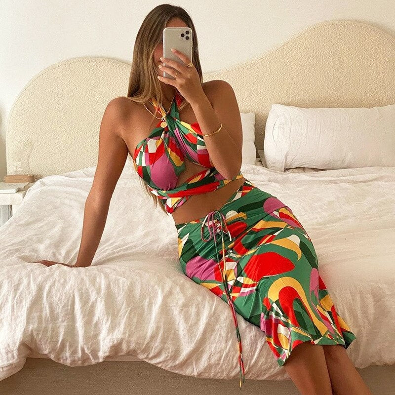 Bohemian Printed Criss-Cross Crop Top Drawstring Midi Skirt 2 Piece Set Mssza