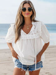 Bohemian Ruffles Cut-Outs Short Sleeve Lace-Trimmed Blouse Mssza