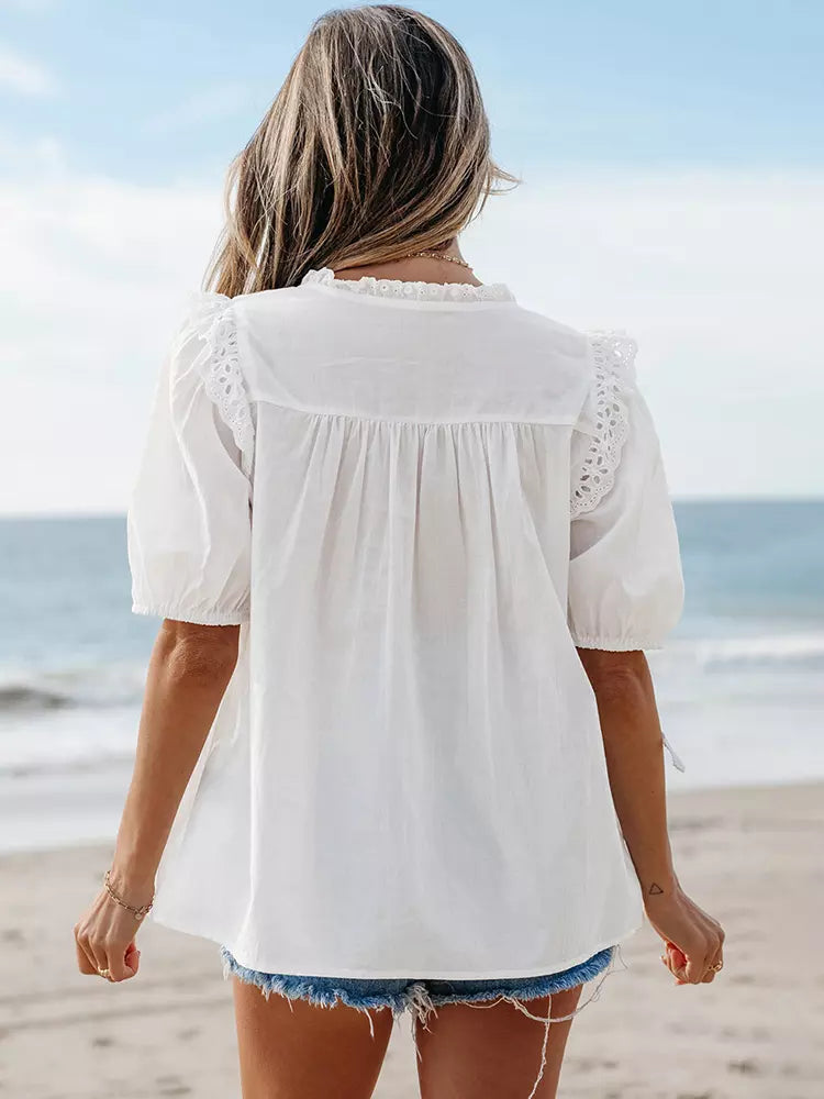 Bohemian Ruffles Cut-Outs Short Sleeve Lace-Trimmed Blouse Mssza