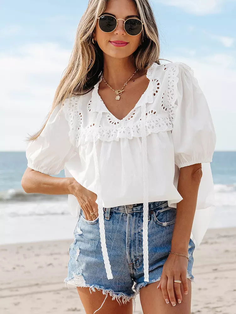 Bohemian Ruffles Cut-Outs Short Sleeve Lace-Trimmed Blouse Mssza