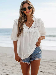 Bohemian Ruffles Cut-Outs Short Sleeve Lace-Trimmed Blouse Mssza