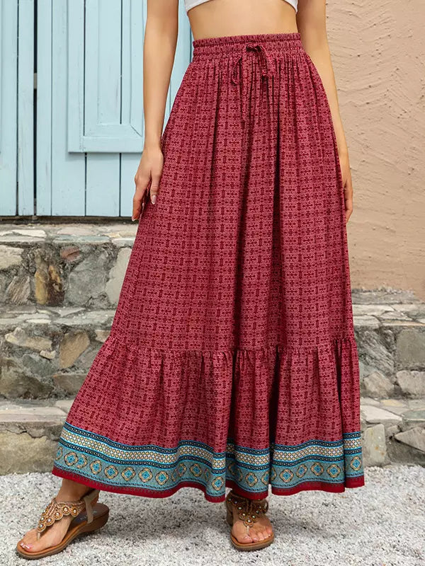 Bohemian Ruffles Plaid Printed Long High Waist Loose Skirt Mssza