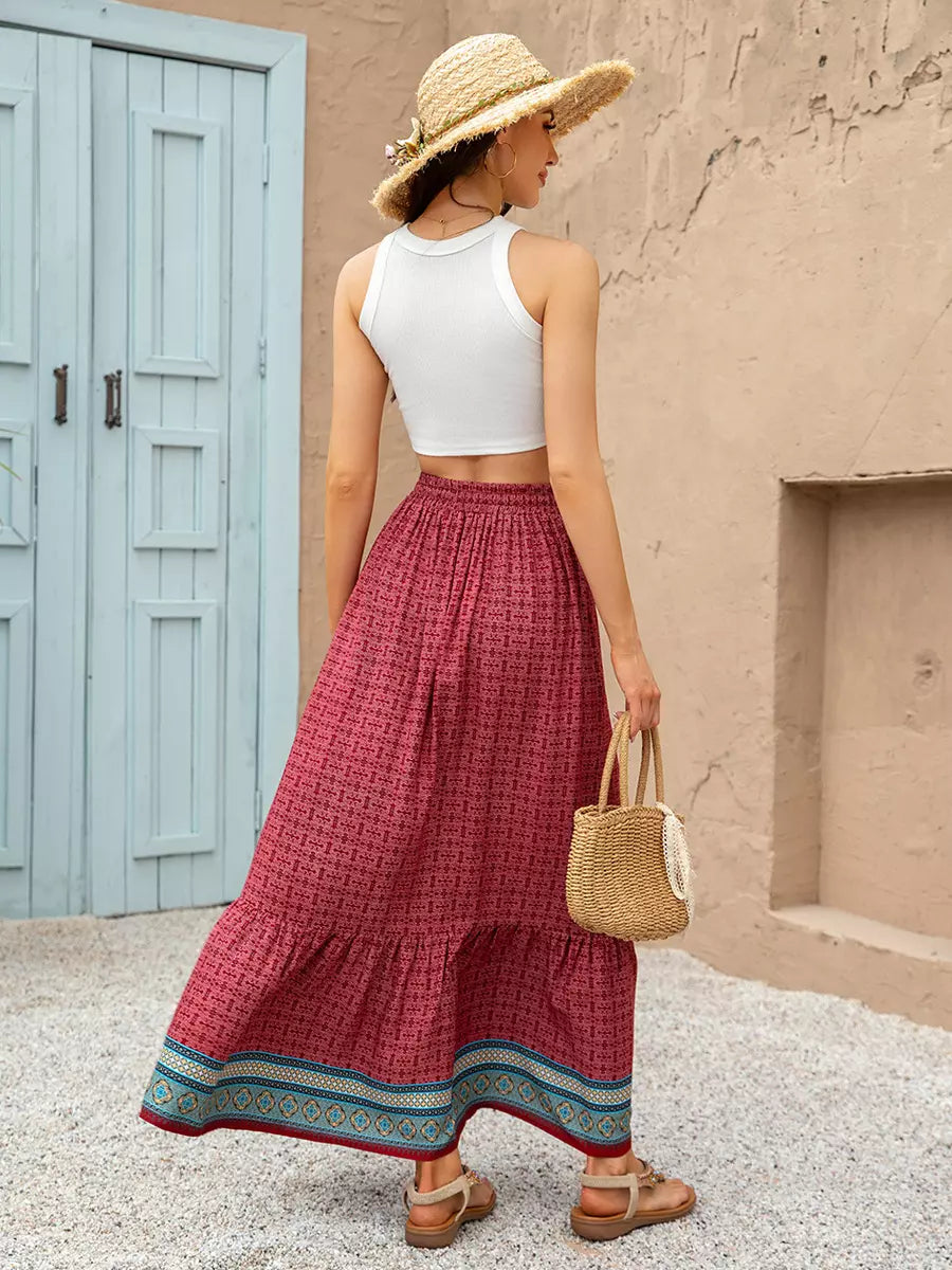 Bohemian Ruffles Plaid Printed Long High Waist Loose Skirt Mssza