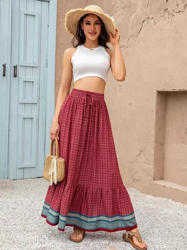 Bohemian Ruffles Plaid Printed Long High Waist Loose Skirt Mssza