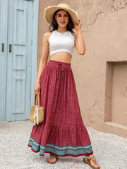 Bohemian Ruffles Plaid Printed Long High Waist Loose Skirt Mssza