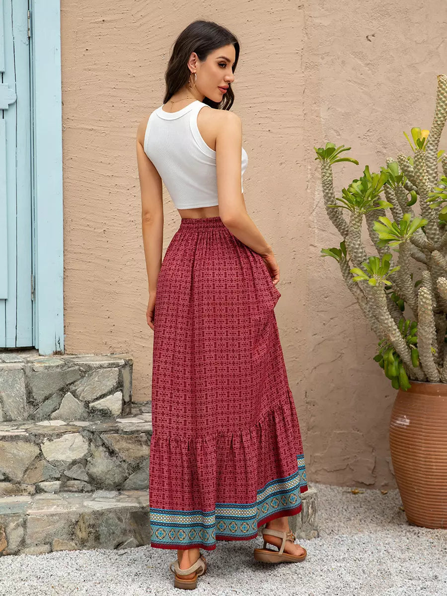 Bohemian Ruffles Plaid Printed Long High Waist Loose Skirt Mssza