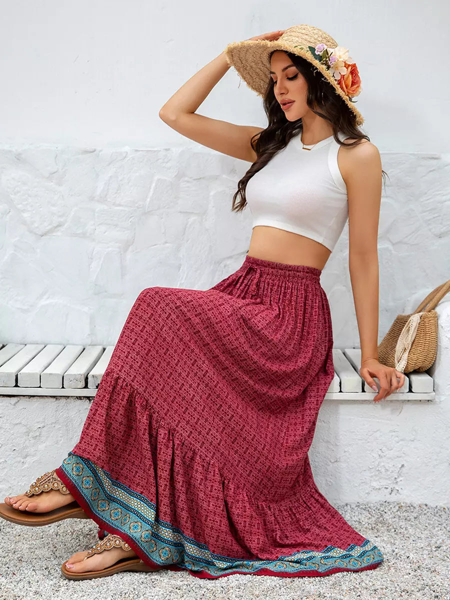 Bohemian Ruffles Plaid Printed Long High Waist Loose Skirt Mssza