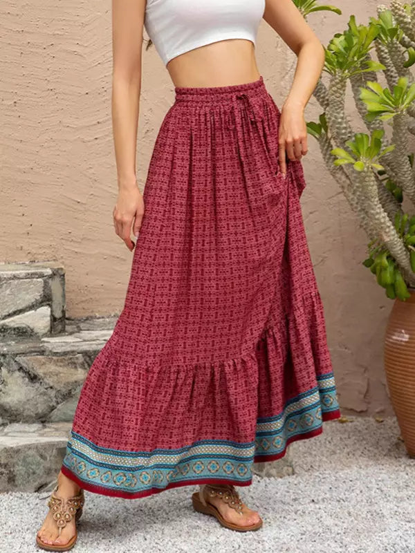 Bohemian Ruffles Plaid Printed Long High Waist Loose Skirt Mssza