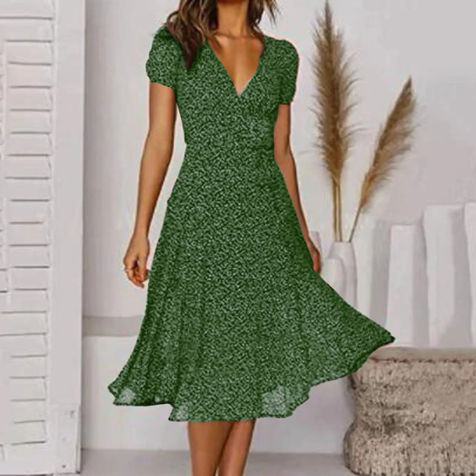 Bohemian   Short Sleeve V Neck Tie Waist A-Line Vacation For Holiday Sun Midi Dress Mssaz Desses