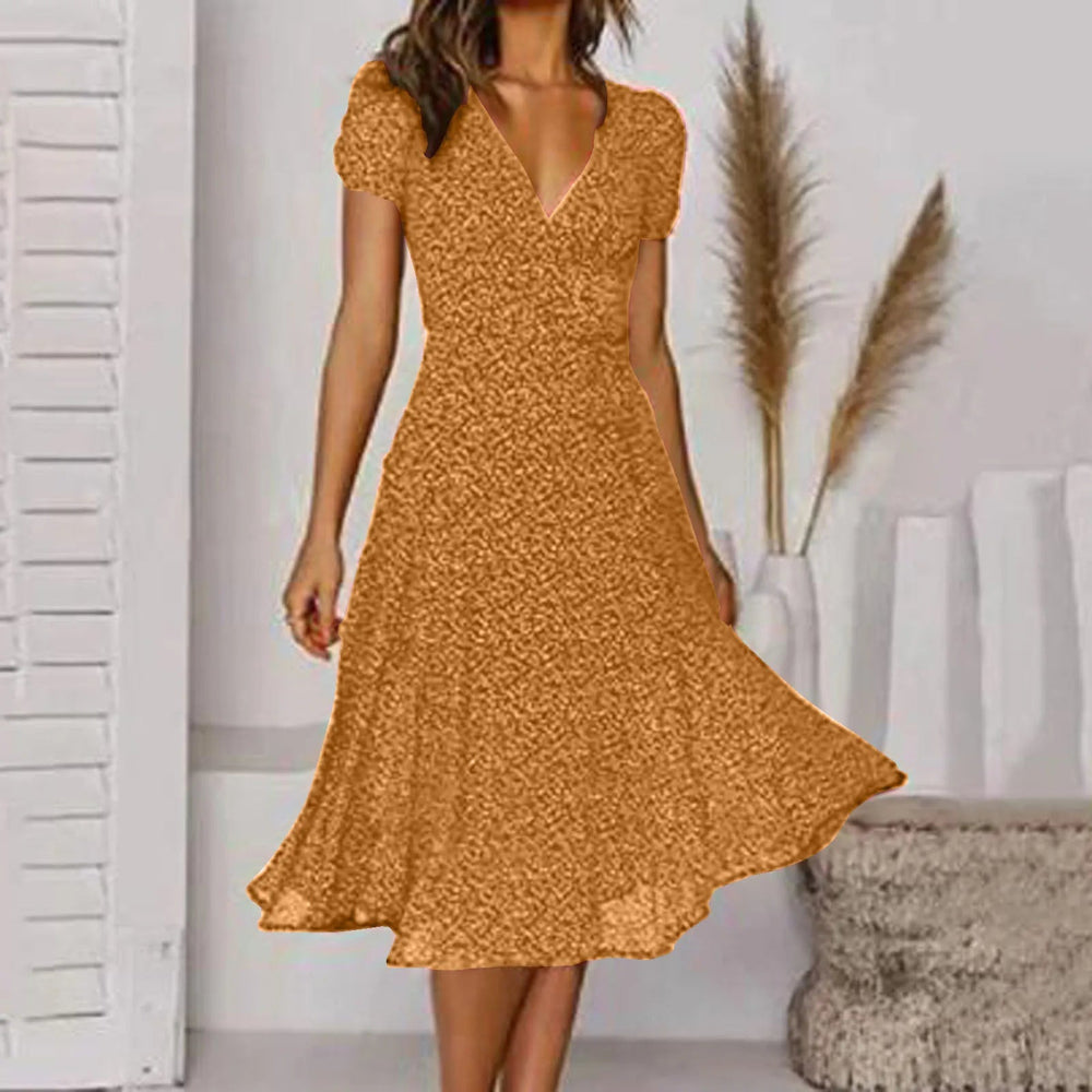 Bohemian   Short Sleeve V Neck Tie Waist A-Line Vacation For Holiday Sun Midi Dress Mssaz Desses