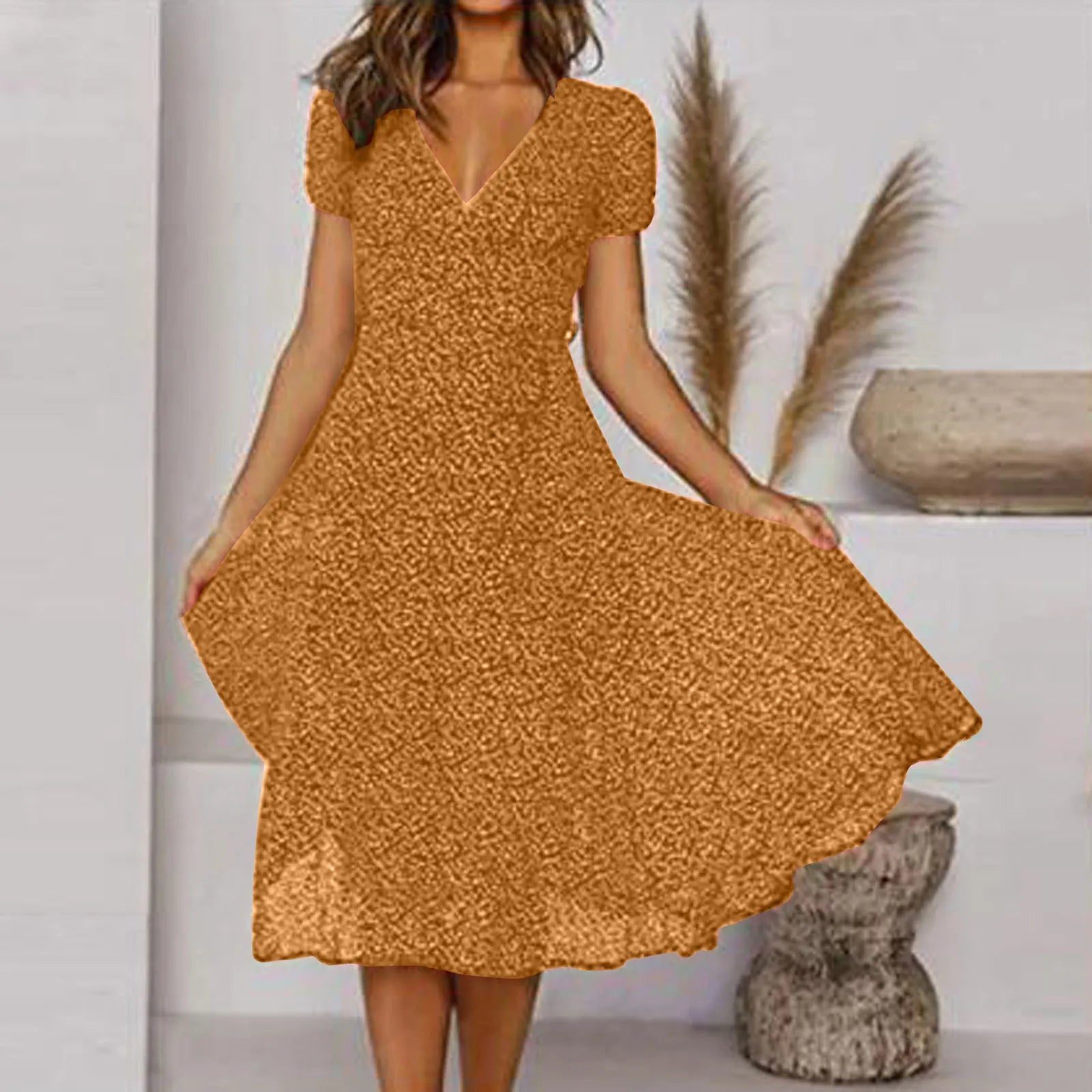 Bohemian   Short Sleeve V Neck Tie Waist A-Line Vacation For Holiday Sun Midi Dress Mssaz Desses