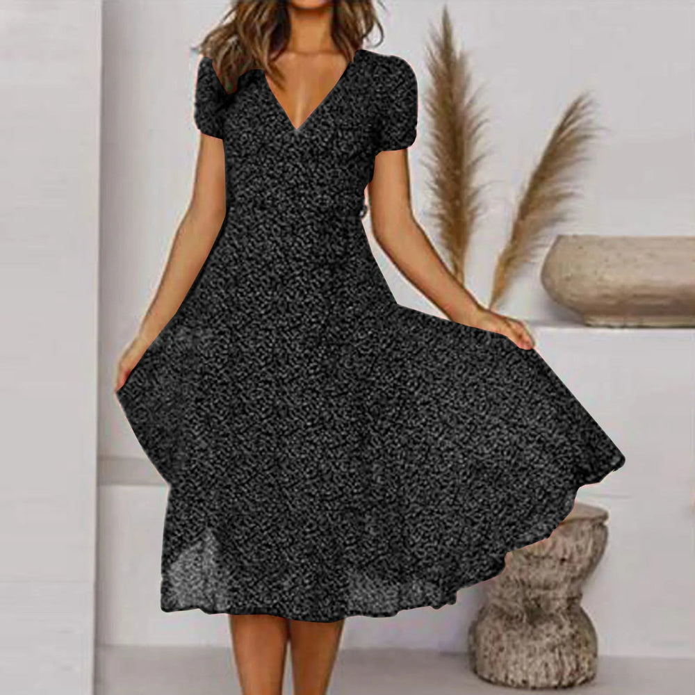 Bohemian   Short Sleeve V Neck Tie Waist A-Line Vacation For Holiday Sun Midi Dress Mssaz Desses
