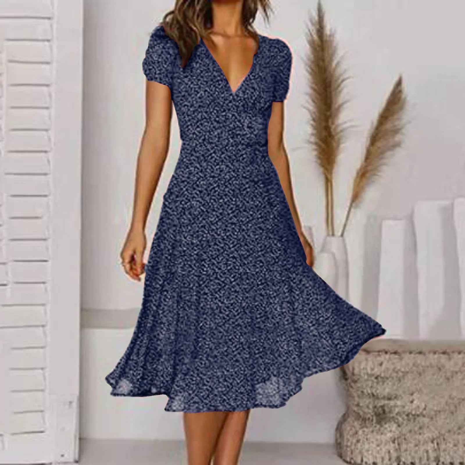 Bohemian   Short Sleeve V Neck Tie Waist A-Line Vacation For Holiday Sun Midi Dress Mssaz Desses