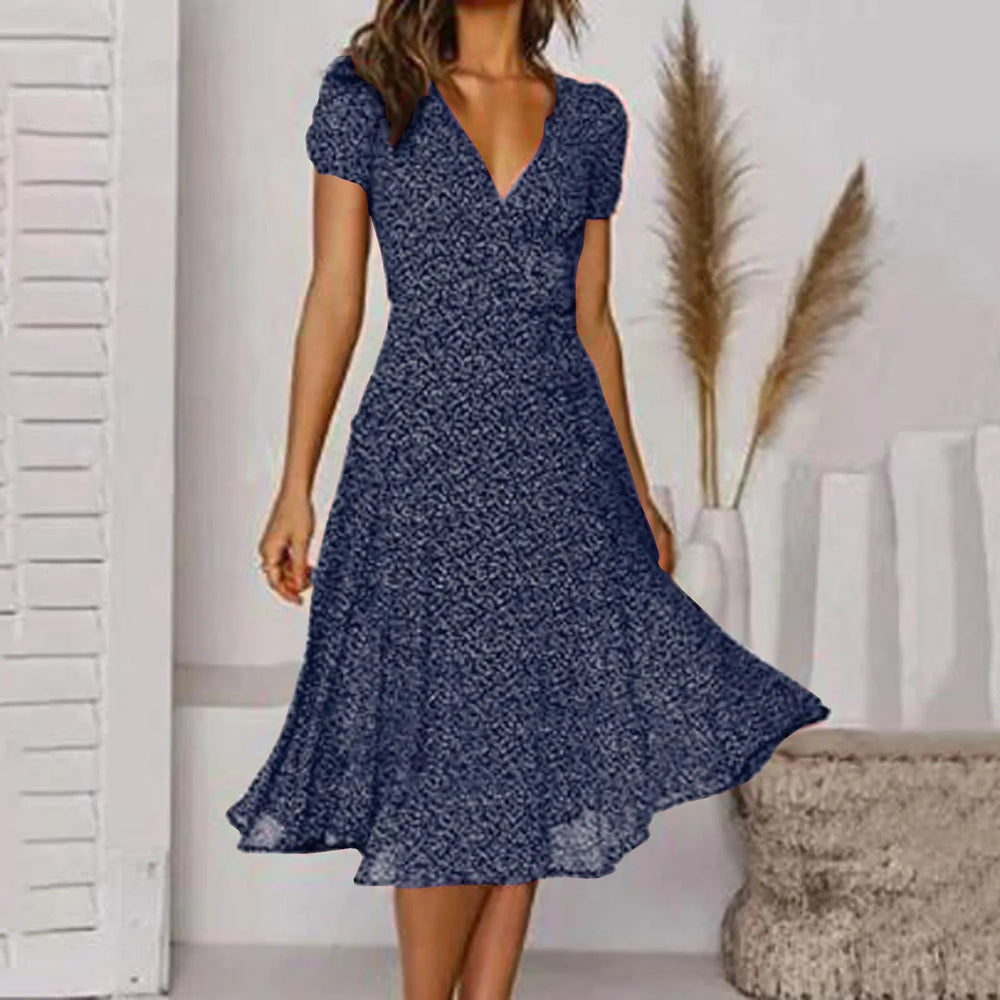Bohemian   Short Sleeve V Neck Tie Waist A-Line Vacation For Holiday Sun Midi Dress Mssaz Desses