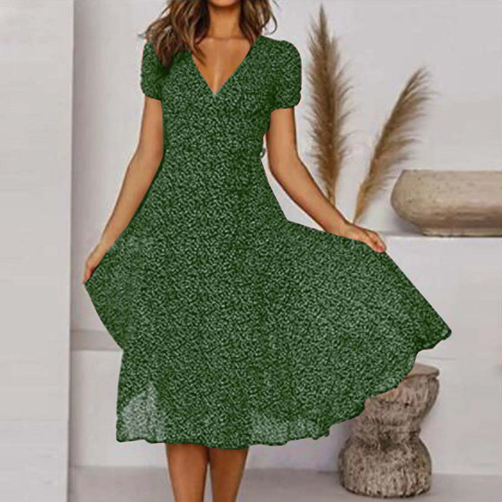 Bohemian   Short Sleeve V Neck Tie Waist A-Line Vacation For Holiday Sun Midi Dress Mssaz Desses